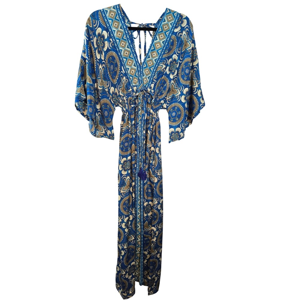 Boho Wide‎ leg Jumpsuit Blue Floral Kimono Sleeve Tie Waist Tassel New Size S M
